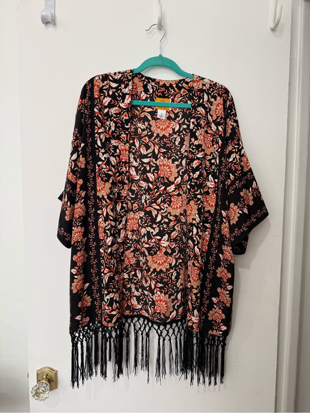 Ruby Rd. Black Floral Fringe Open-Front Kimono